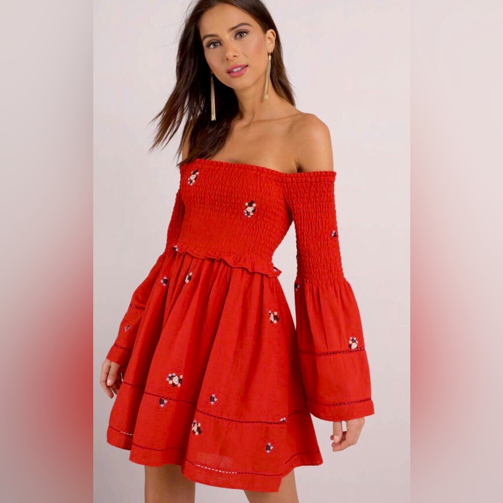 Free People Counting Daisies Dress Bell Sleeve Off The Shoulder Fit Flare Mini
